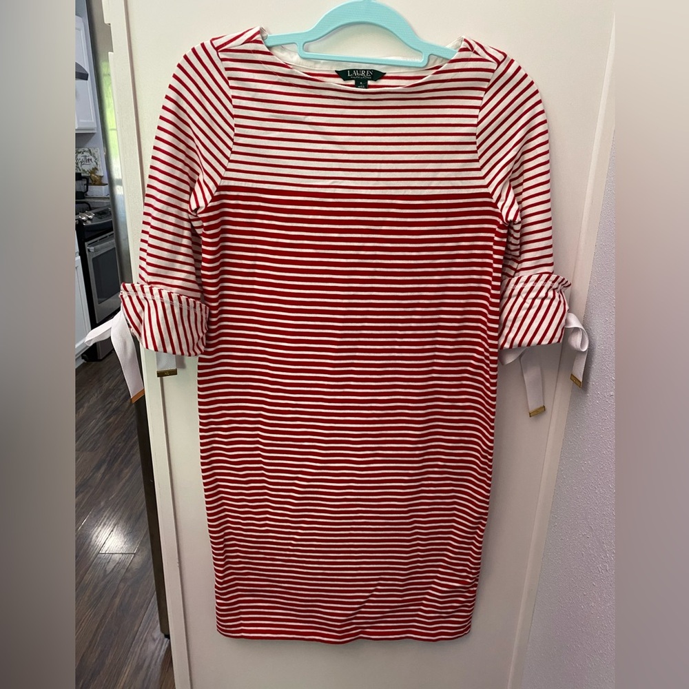 Lauren Ralph Lauren Red and White Sheath Dress with Cuffed Sleeves